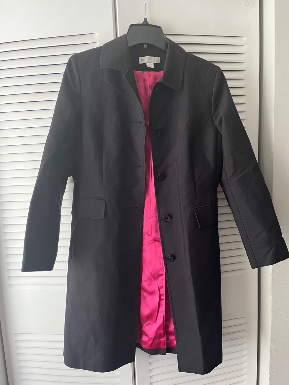 Petite Sophisticate Size Medium Black Trench Coat with Pink Satin Lining